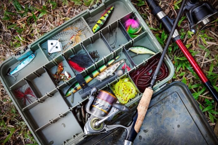 aerial-view-tackle-box-ground (1) fishing gear