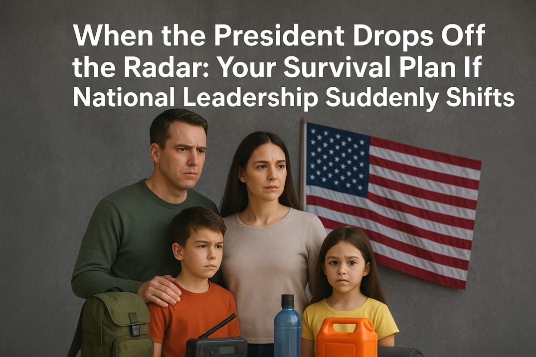 Preparedness illustration showing family with survival gear for a Presidential Succession Survival Plan during sudden leadership crisis.