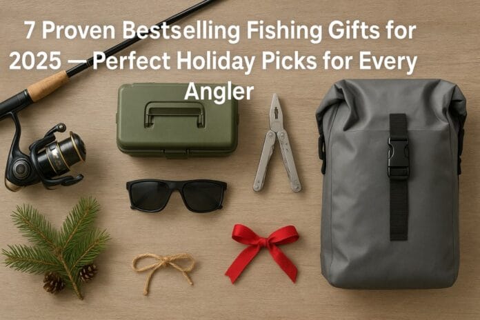 best fishing gifts Flat-lay display of the best fishing gifts for 2025 — including fishing rod, reel, tackle box, polarized sunglasses, multitool, and waterproof gear bag, arranged on a wooden outdoor surface with subtle holiday accents.