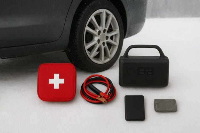 car-winter-survival-kit-2025-featured-image Car winter survival kit 2025 — snow shovel, jumper cables, first aid kit, flashlight, and blanket in snowy landscape flat lay.