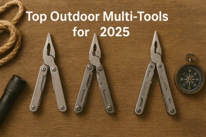 top-outdoor-multi-tools-2025-survivalguidehub Top survival multi-tools 2025 — Leatherman, Gerber, SOG on wooden surface for camping and car survival