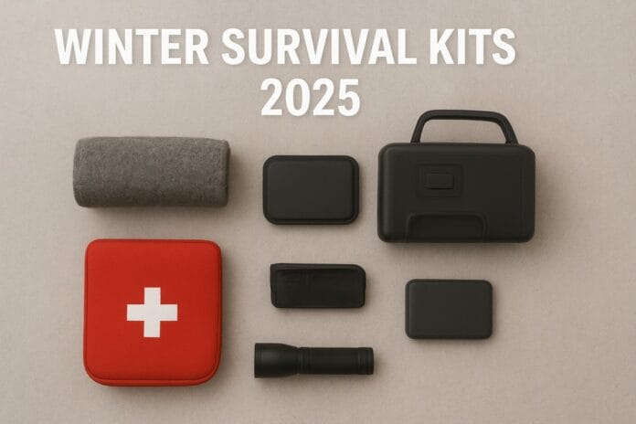 winter-survival-kits-2025-emergency-gear Winter survival kits 2025 cold weather emergency gear flat lay — blankets, heaters, tools, first aid