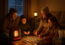 La Niña Winter 2025: 5 Blackout Essentials That Saved My Family (Don’t Wait Until It’s Too Late) Family staying warm during winter blackout with emergency heating equipment and survival supplies - La Niña 2025 preparedness guide
